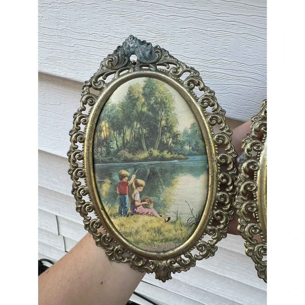 Vintage Victorian Brass Oval Ornate‎ Picture Frames Silk Children Outdoors X2